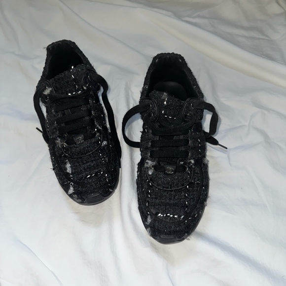 CHANEL | Shoes | Chanel Black Tweed Laceup Sneakers | Poshmark
